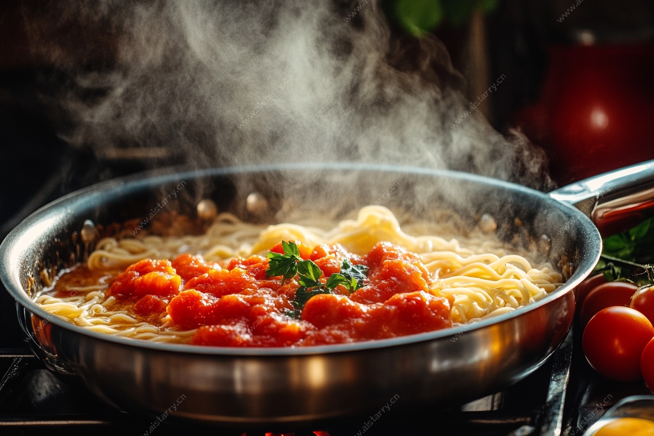 锅中煮着番茄意大利面