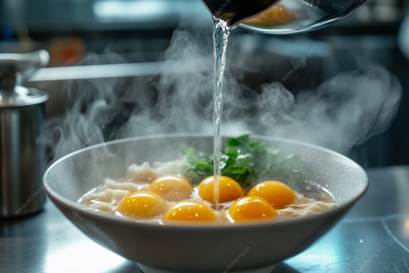 热汤浇入鸡蛋面场景