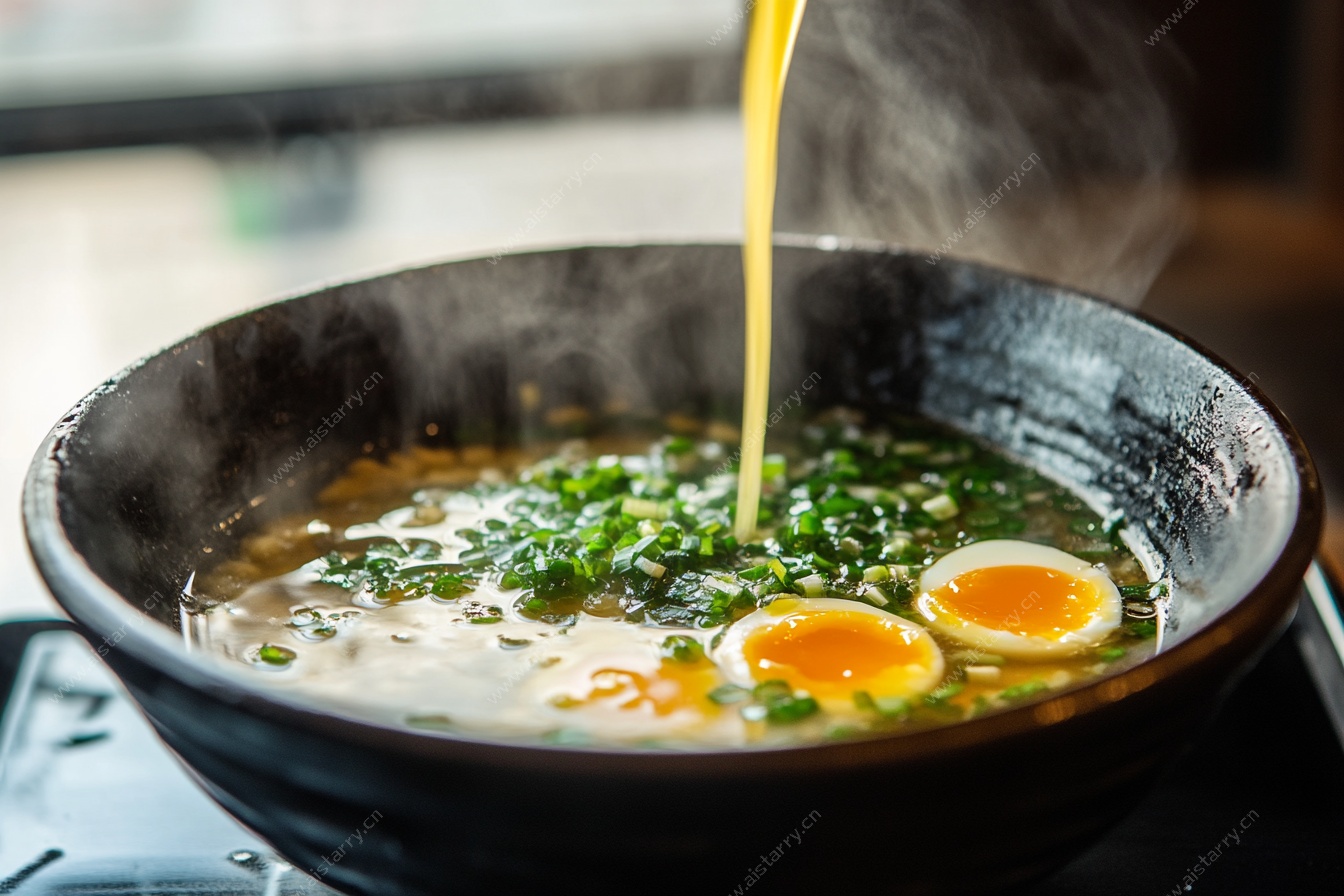 热锅中蛋液正缓缓倒入