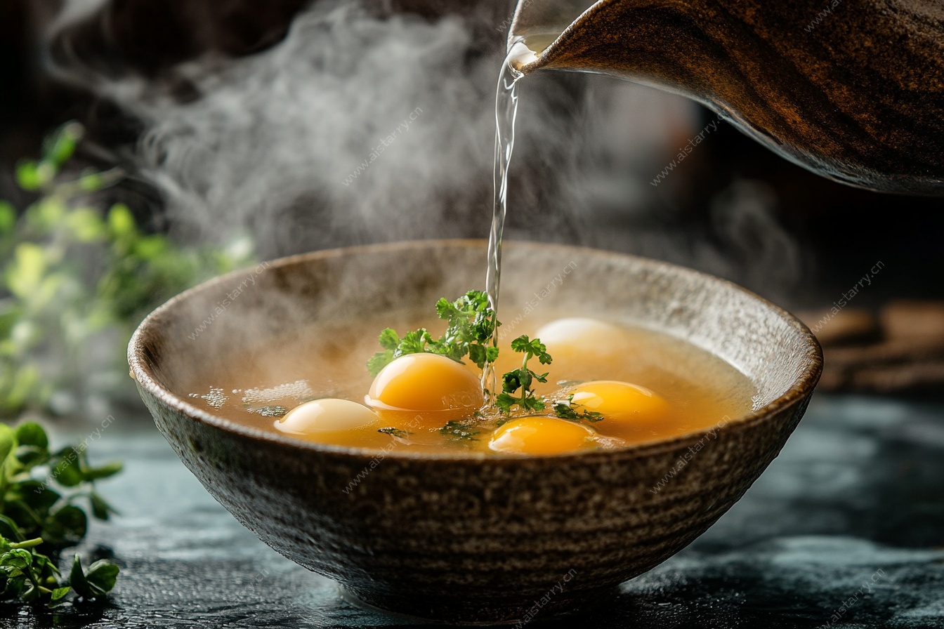 热汤浇入碗中鸡蛋画面