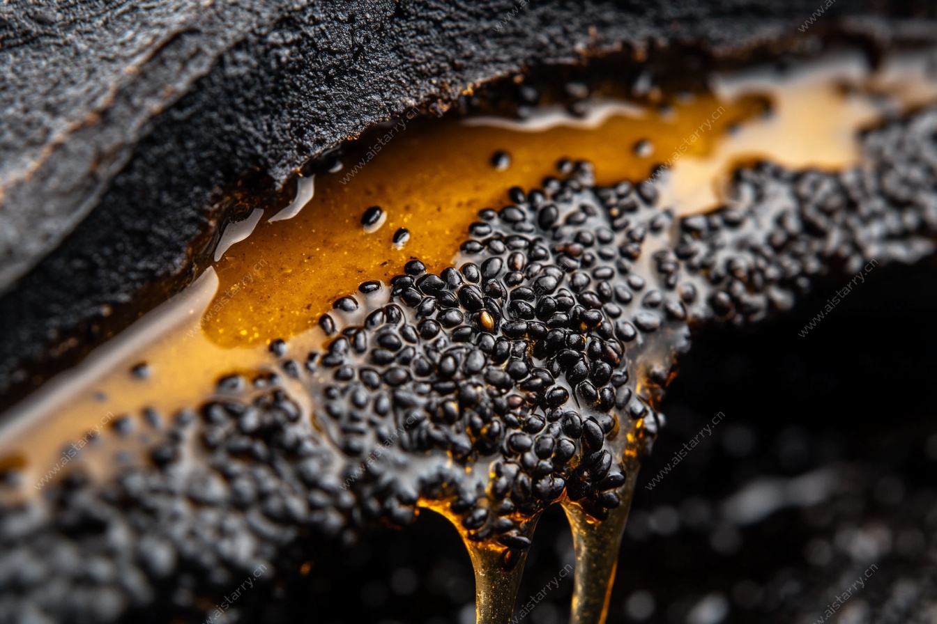 蜂蜜流淌在黑芝麻上