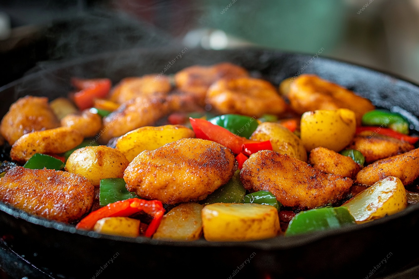 铁锅中的美味鸡肉炒时蔬