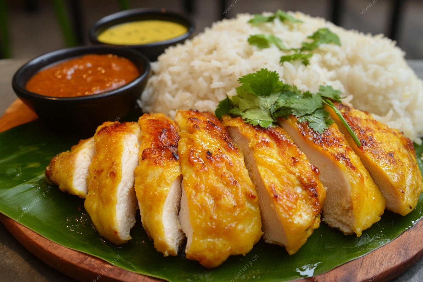 香煎鸡肉配米饭与蘸酱