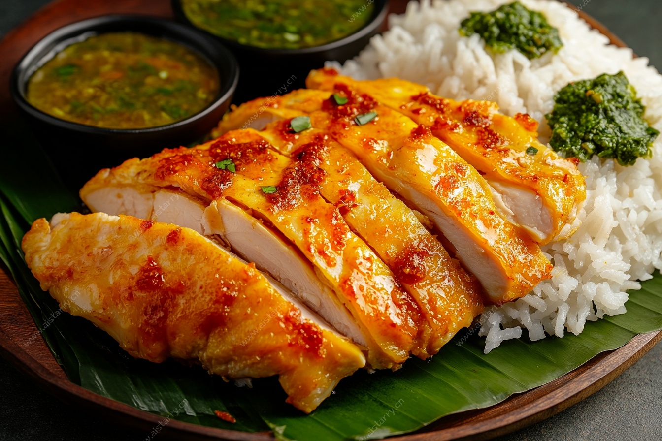 香嫩烤鸡配米饭与蘸料
