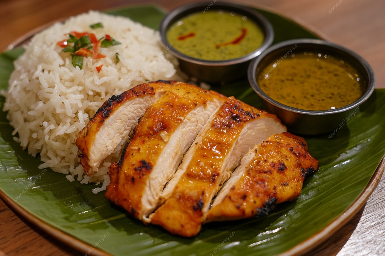 烤鸡配饭及蘸酱美食