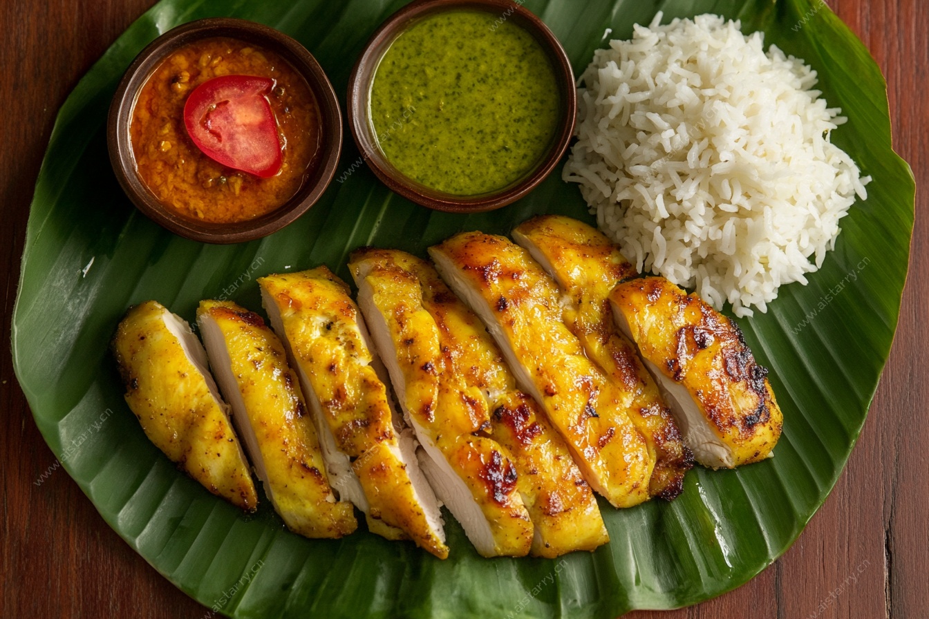 烤鸡肉配米饭与酱料