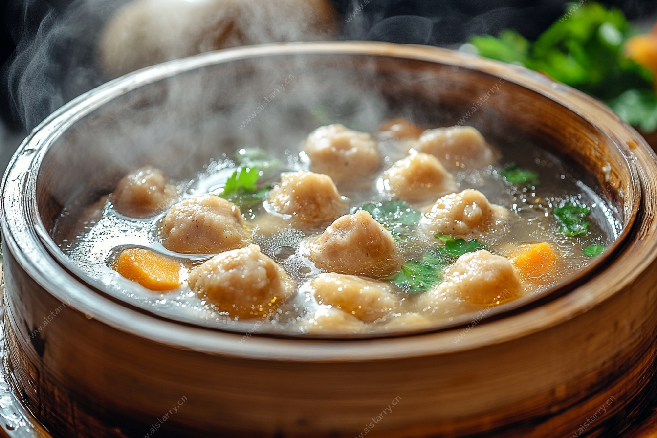 热气腾腾的竹制汤锅丸子