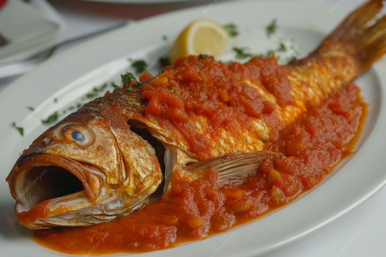 番茄酱汁煎鱼摆盘图