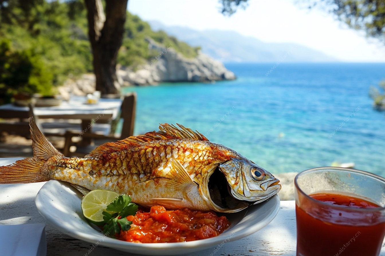 海边餐桌上的香煎鱼