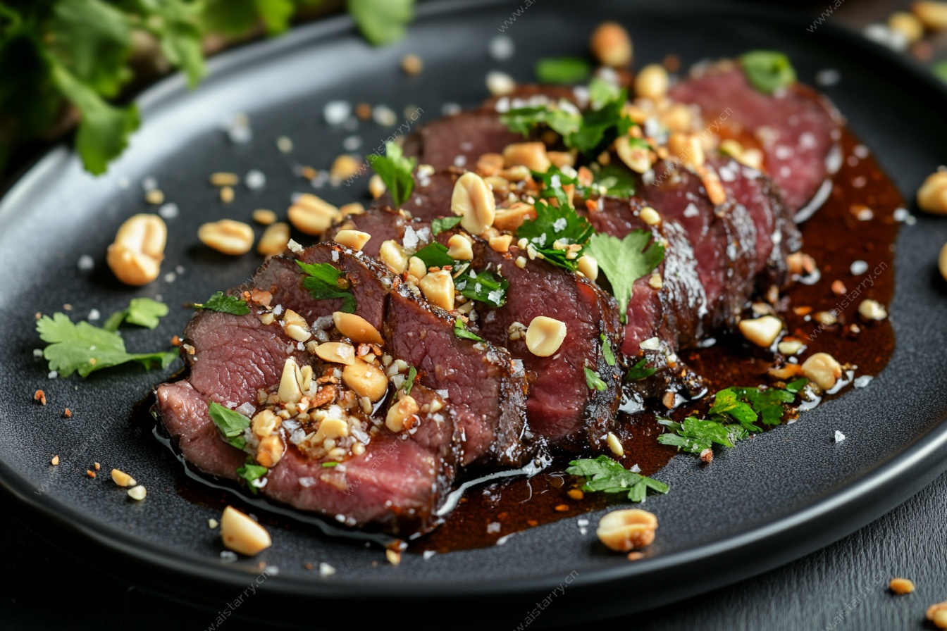 香煎牛排配坚果与香菜