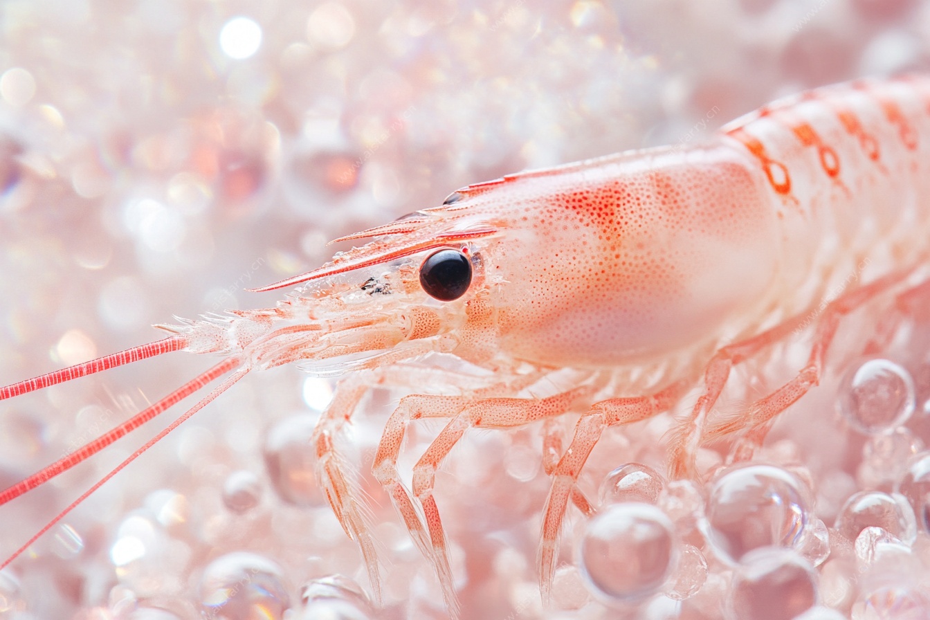 粉色虾特写 梦幻气泡背景