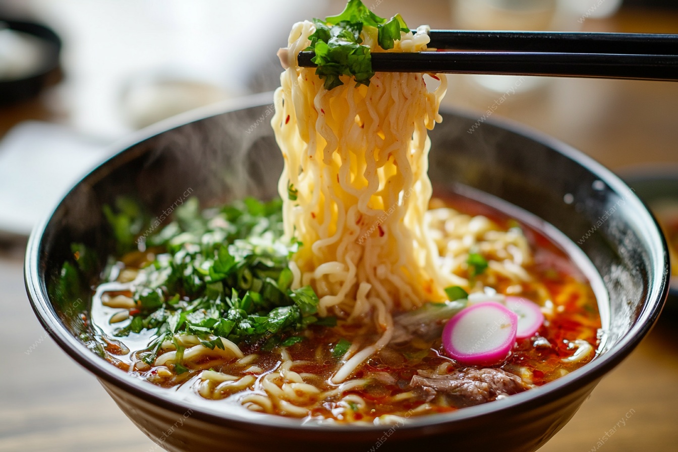 筷子夹起的美味牛肉面