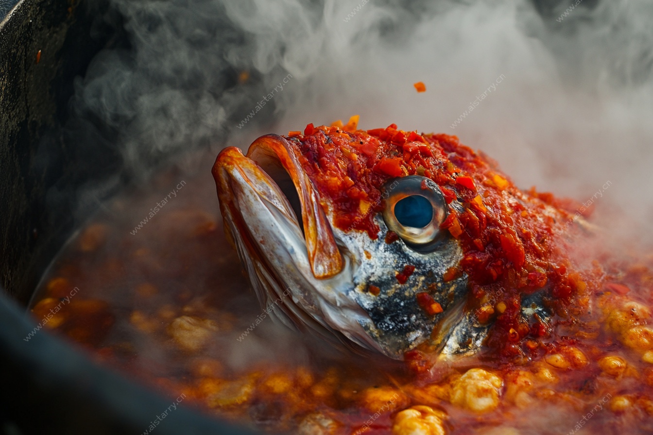红汤烹煮的鱼头