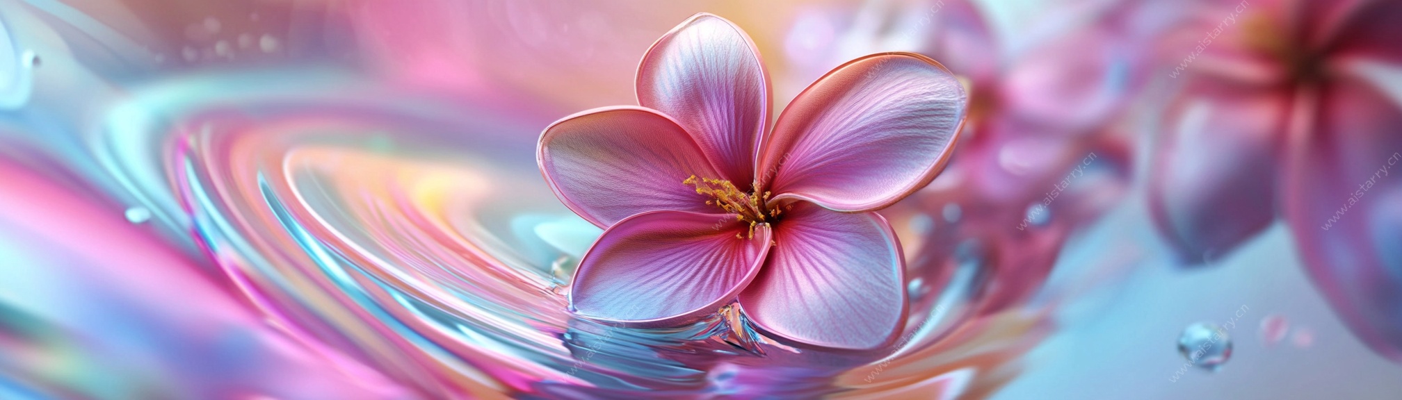 梦幻粉花漂浮于炫彩波纹中