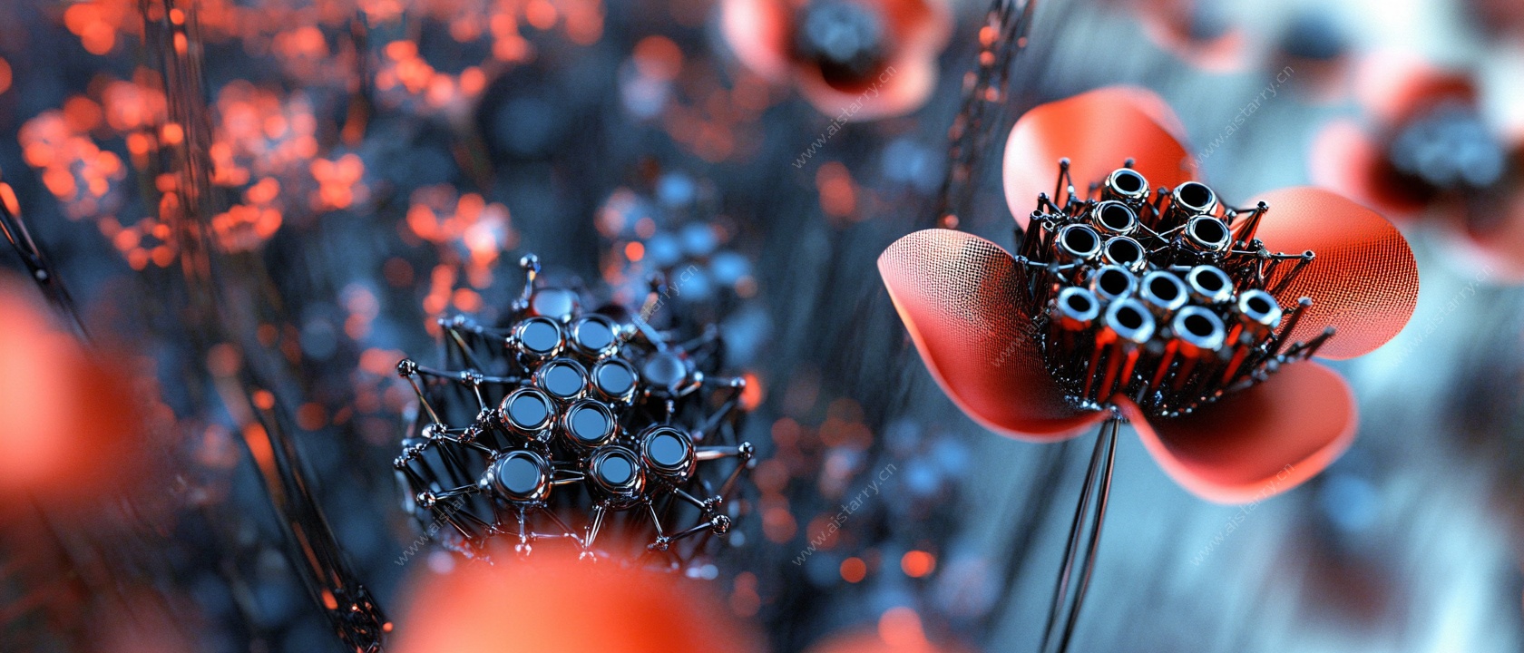 科技风红色机械花朵特写