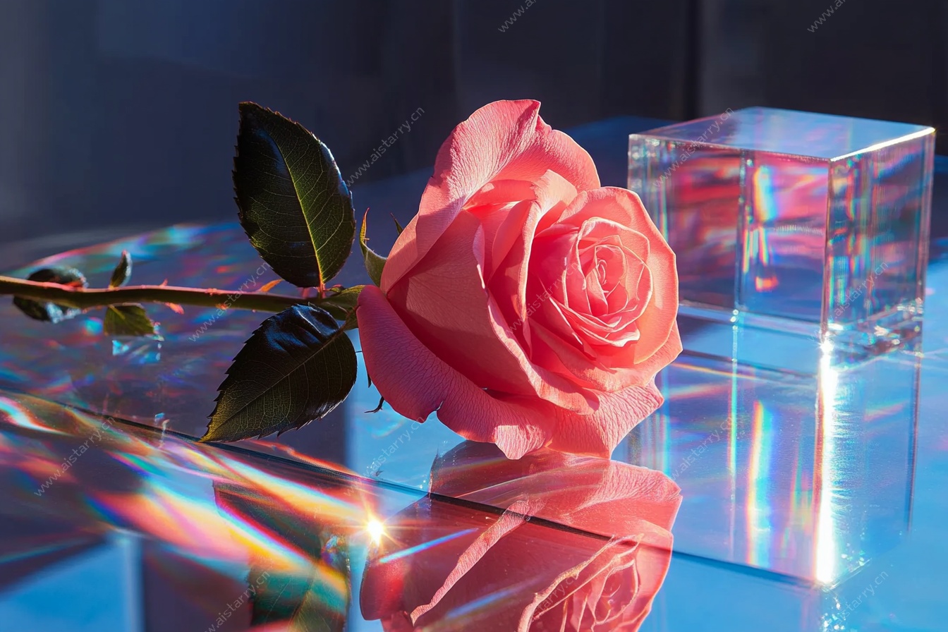 粉色玫瑰与透明立方体