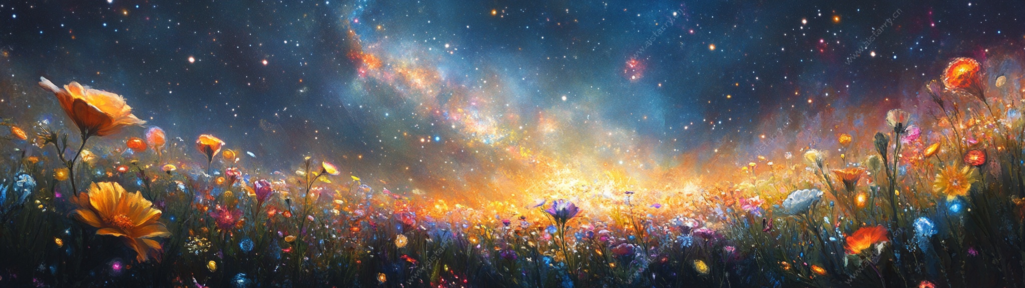 梦幻星空下的奇幻花卉世界