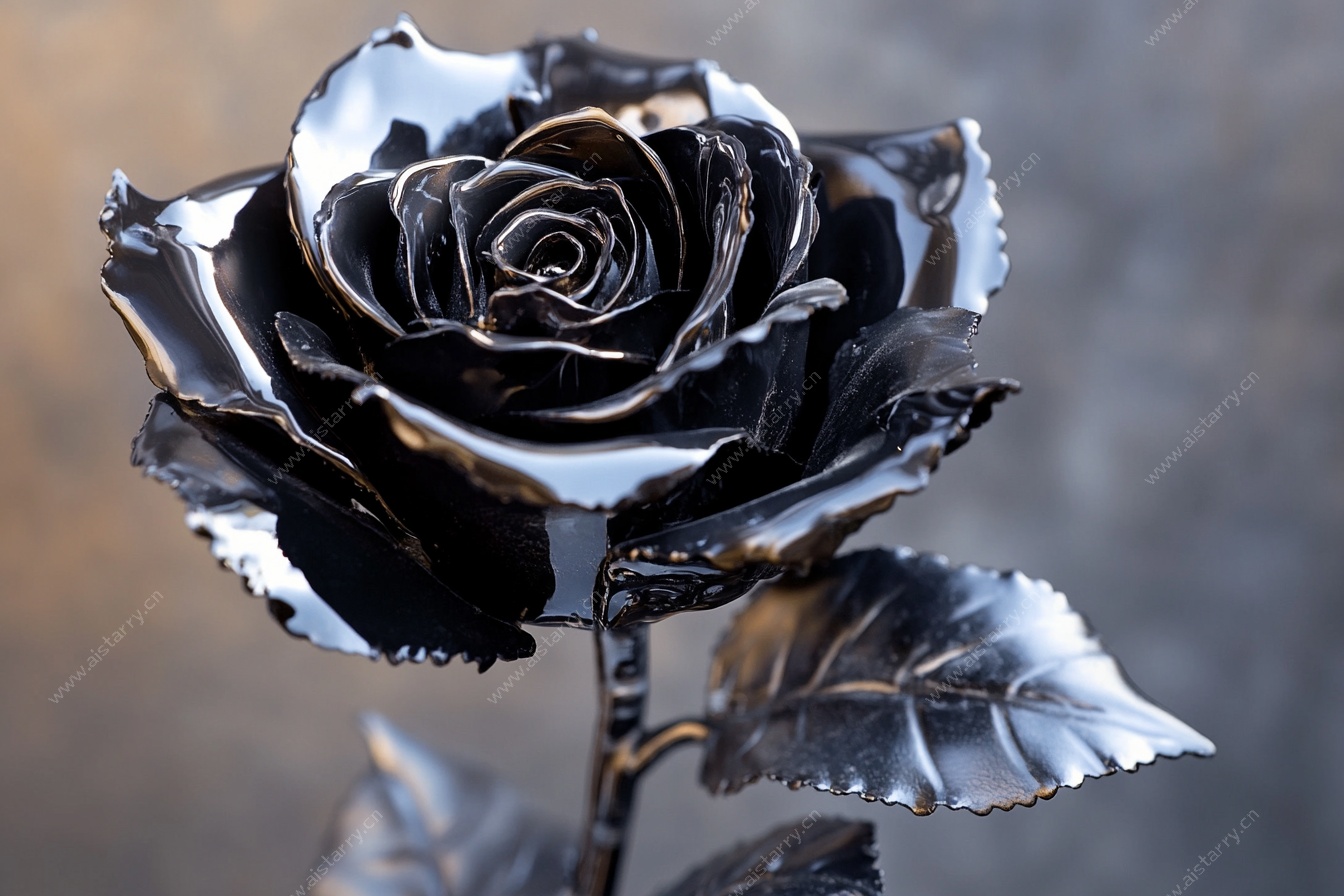 金属质感黑玫瑰雕塑