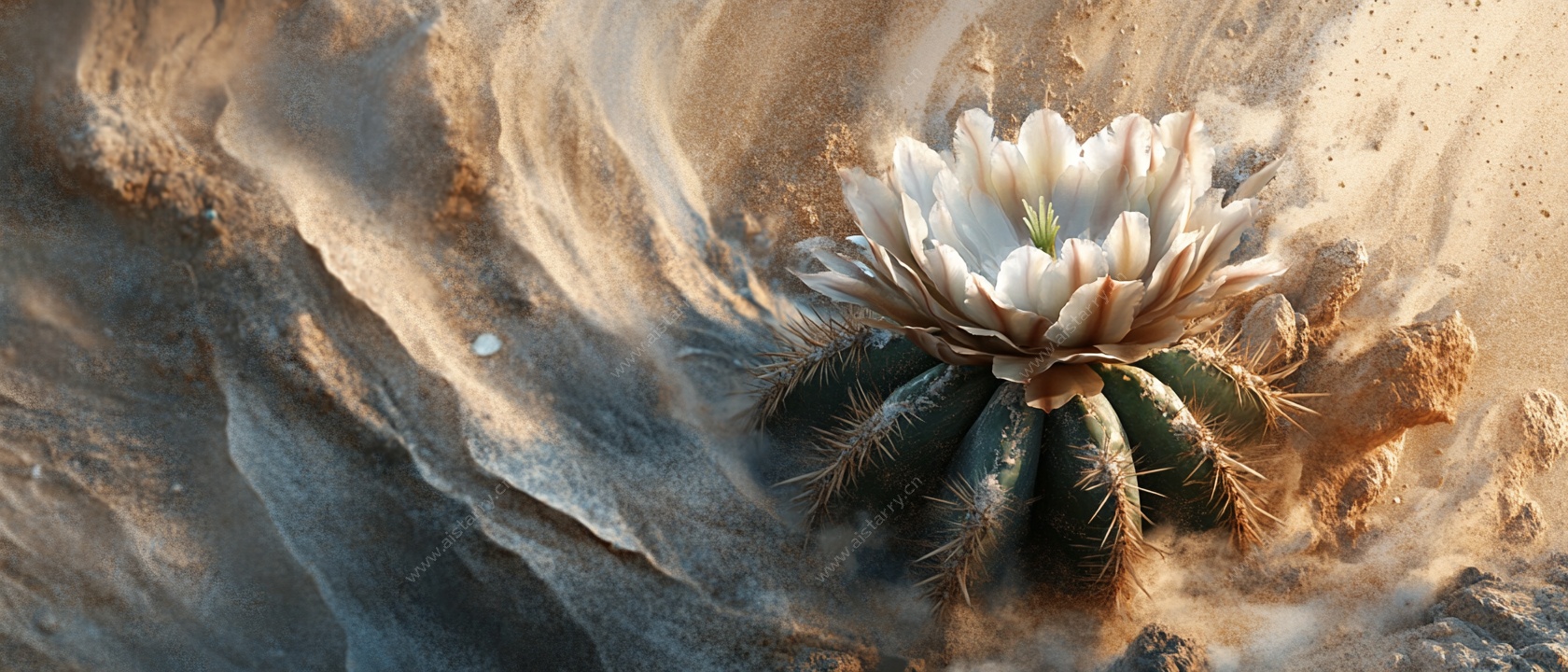 沙漠中绽放的仙人球花朵