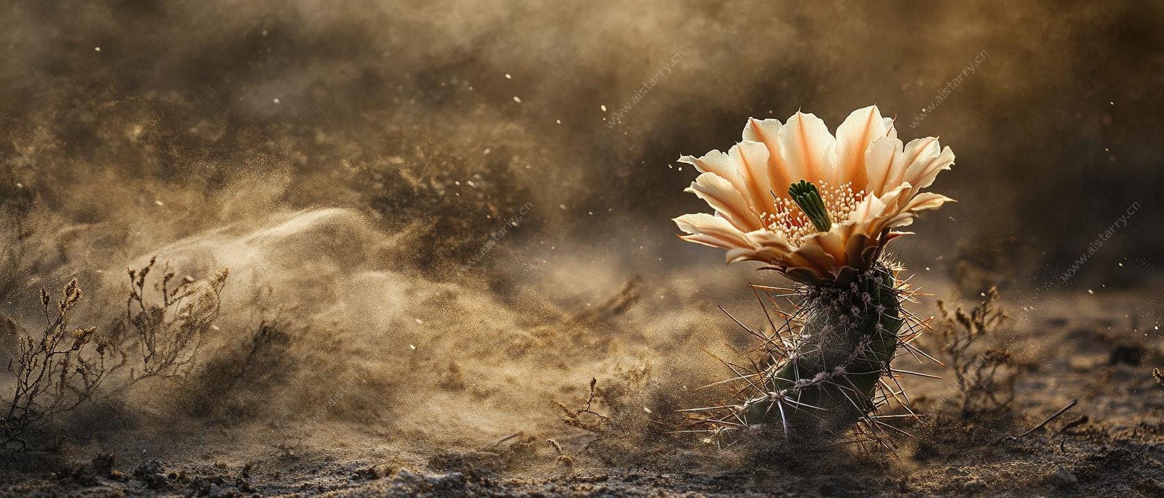 沙漠中绽放的仙人掌花朵