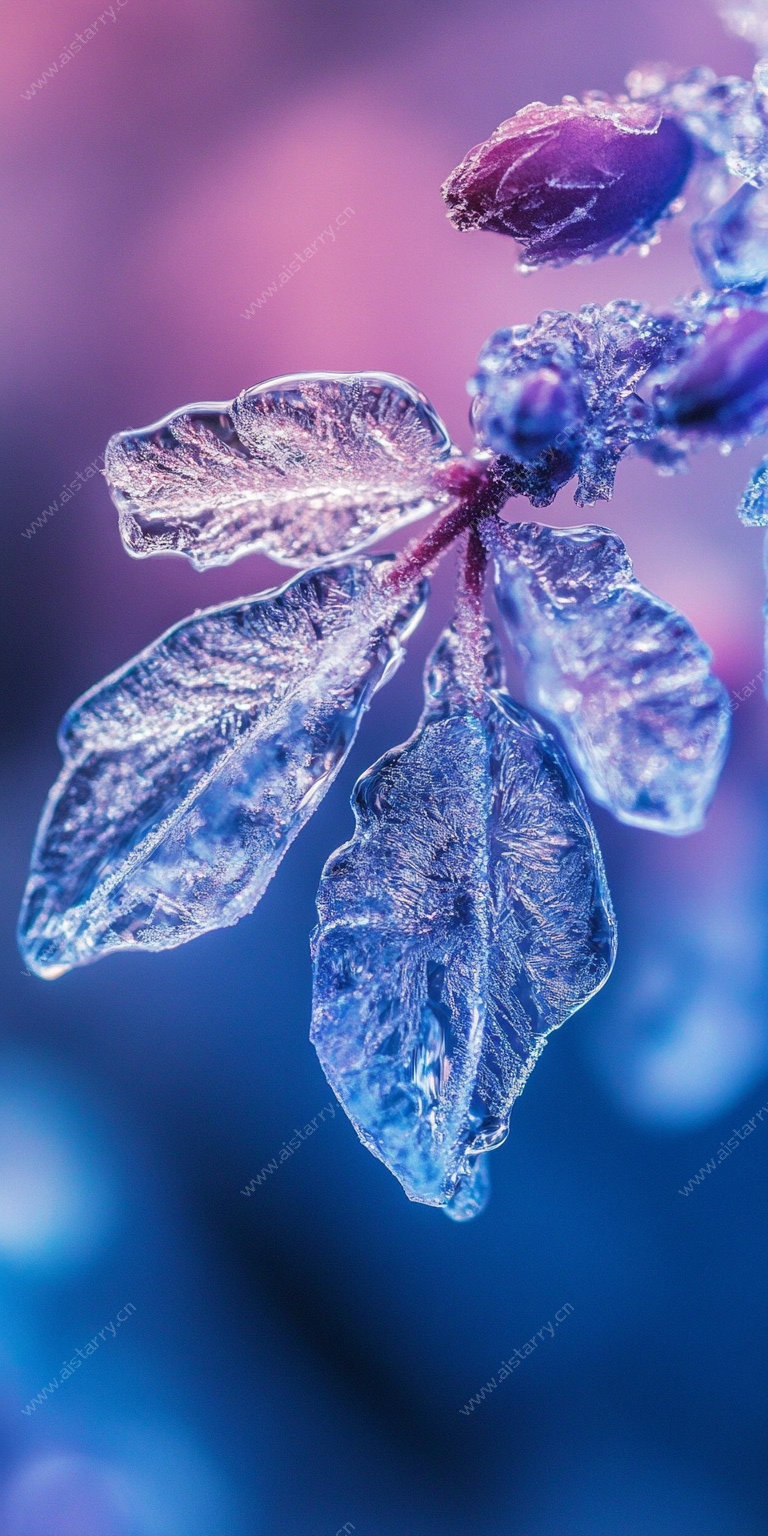 冰晶覆盖的梦幻紫色植物