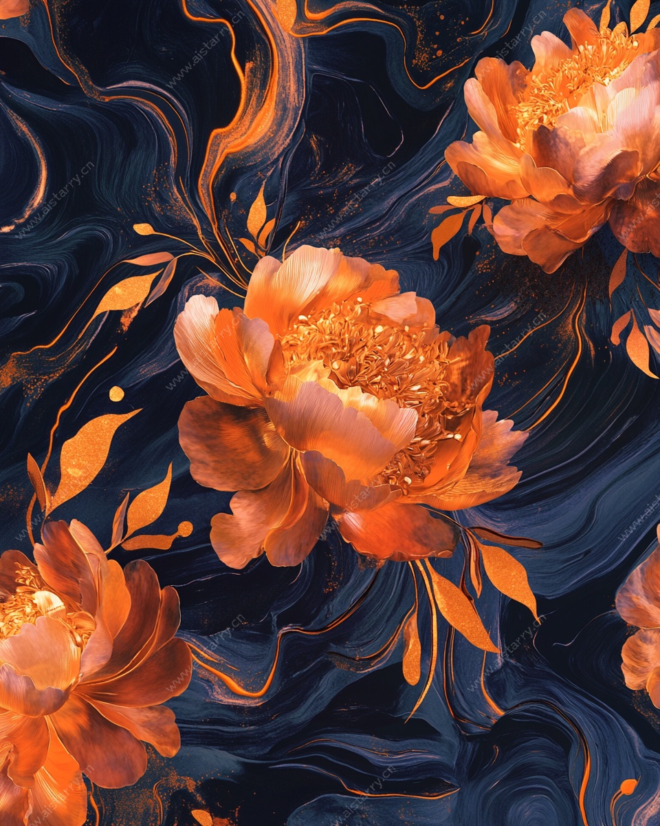 橙花蓝底梦幻纹理图案