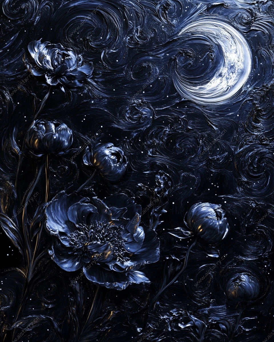 月夜蓝花奇幻艺术图景