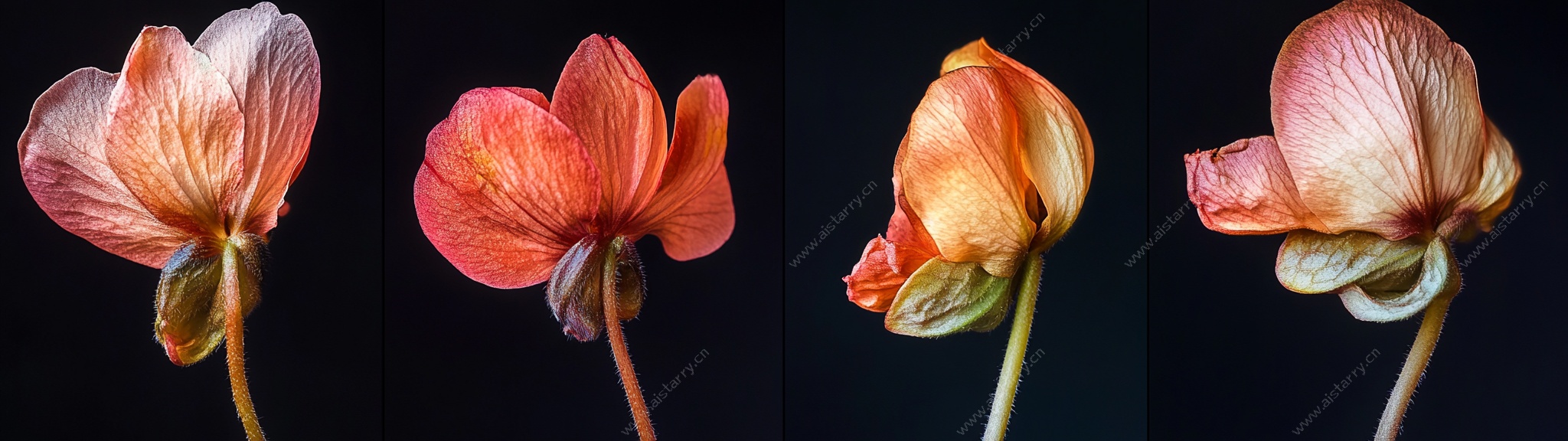 四朵渐变色彩的绽放花朵