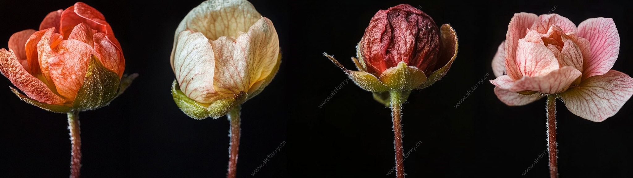 四朵绽放与半绽的花朵