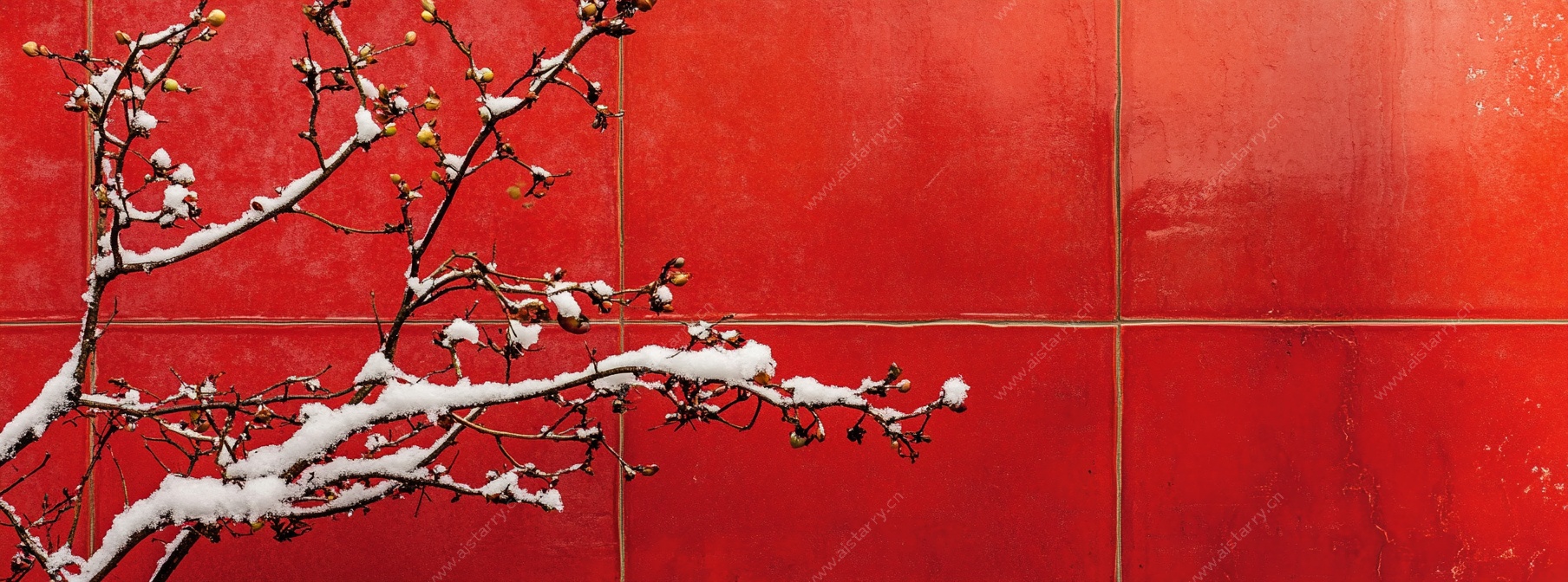 雪覆红墙树枝景