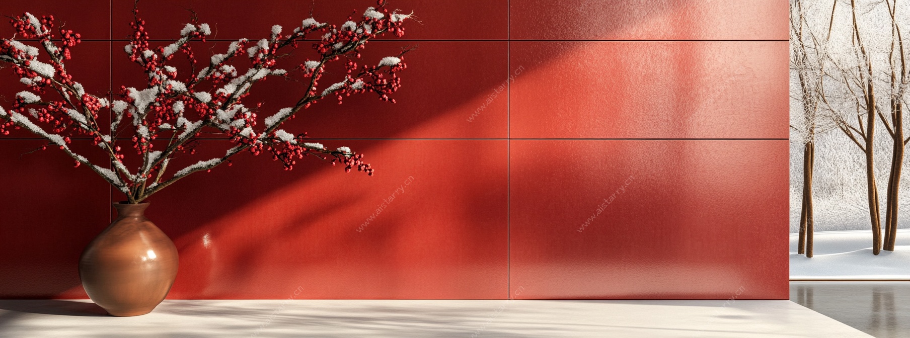 红墙旁花瓶与带雪花枝