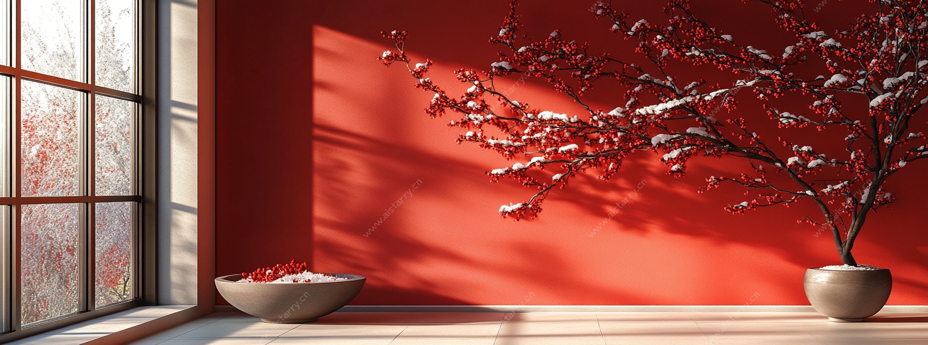 红墙窗边的盆栽景致