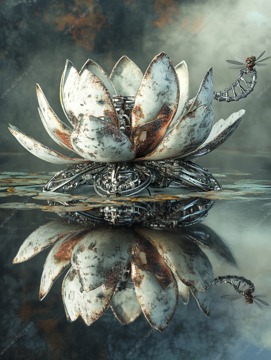 机械莲花与蜻蜓水中倒影
