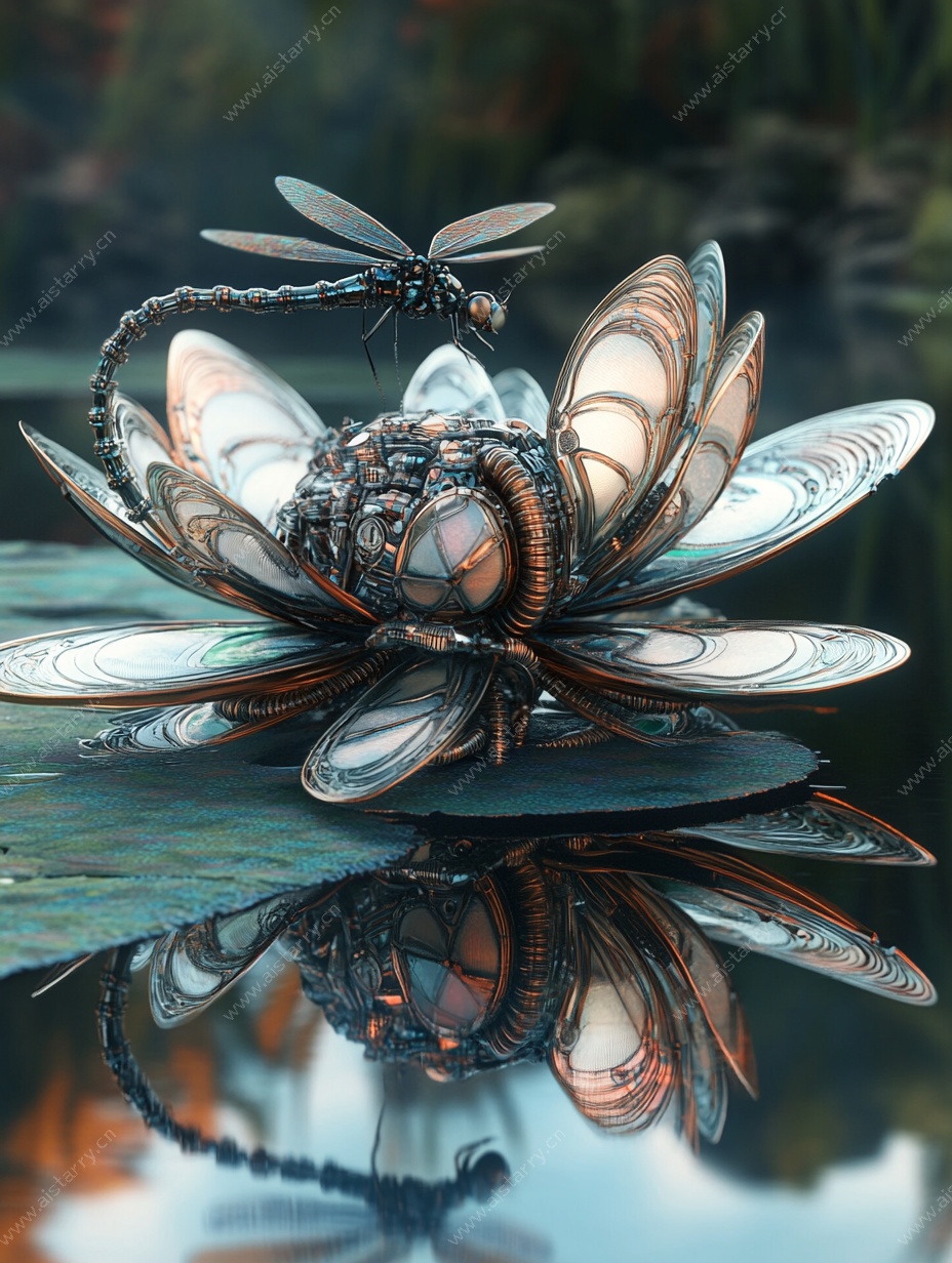 机械莲花上的蜻蜓奇观