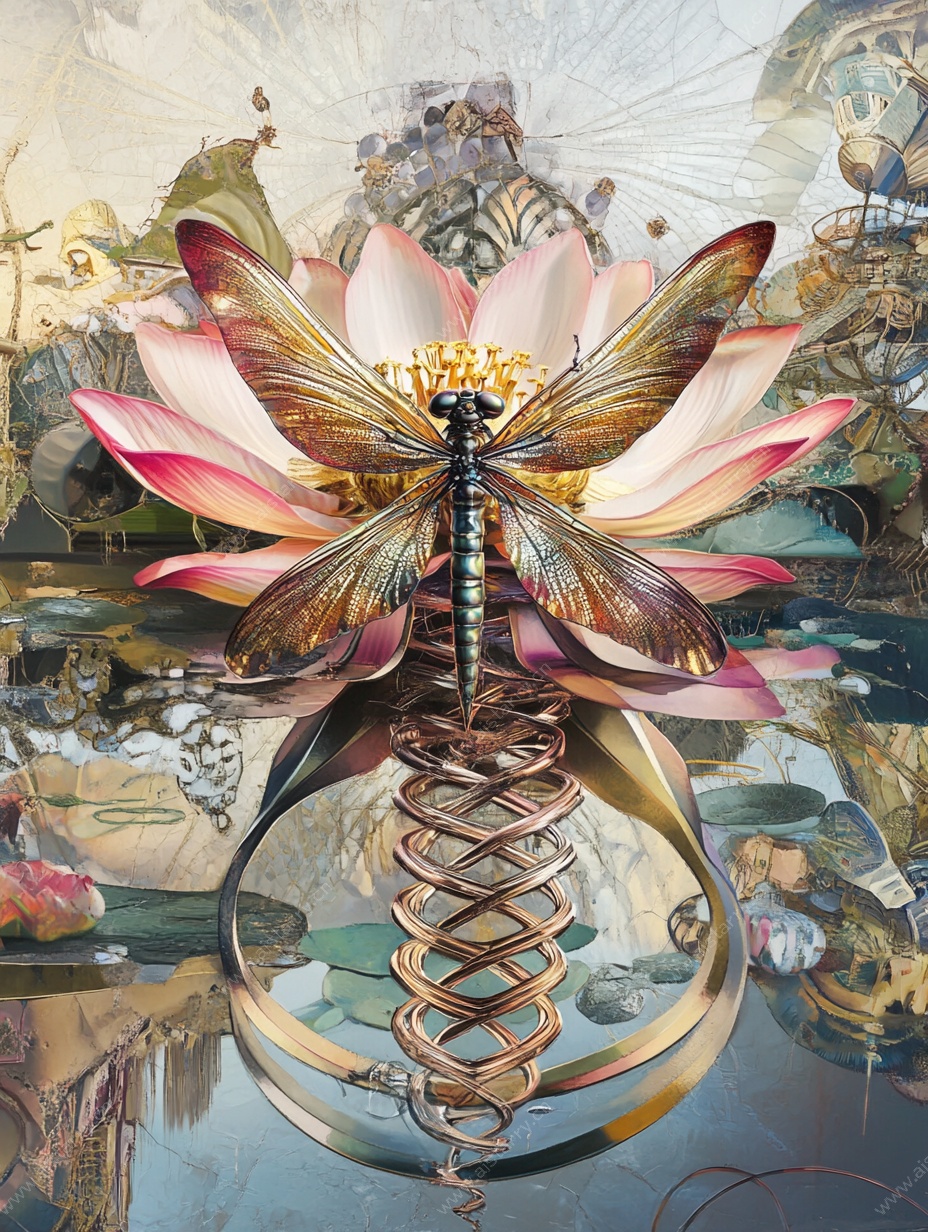 机械蜻蜓立于梦幻莲花上
