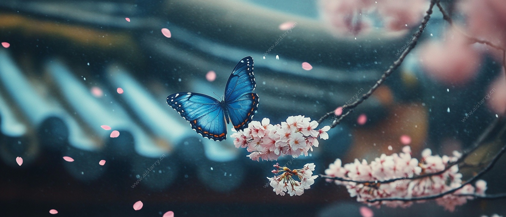 蓝蝶栖樱枝 唯美梦幻场景