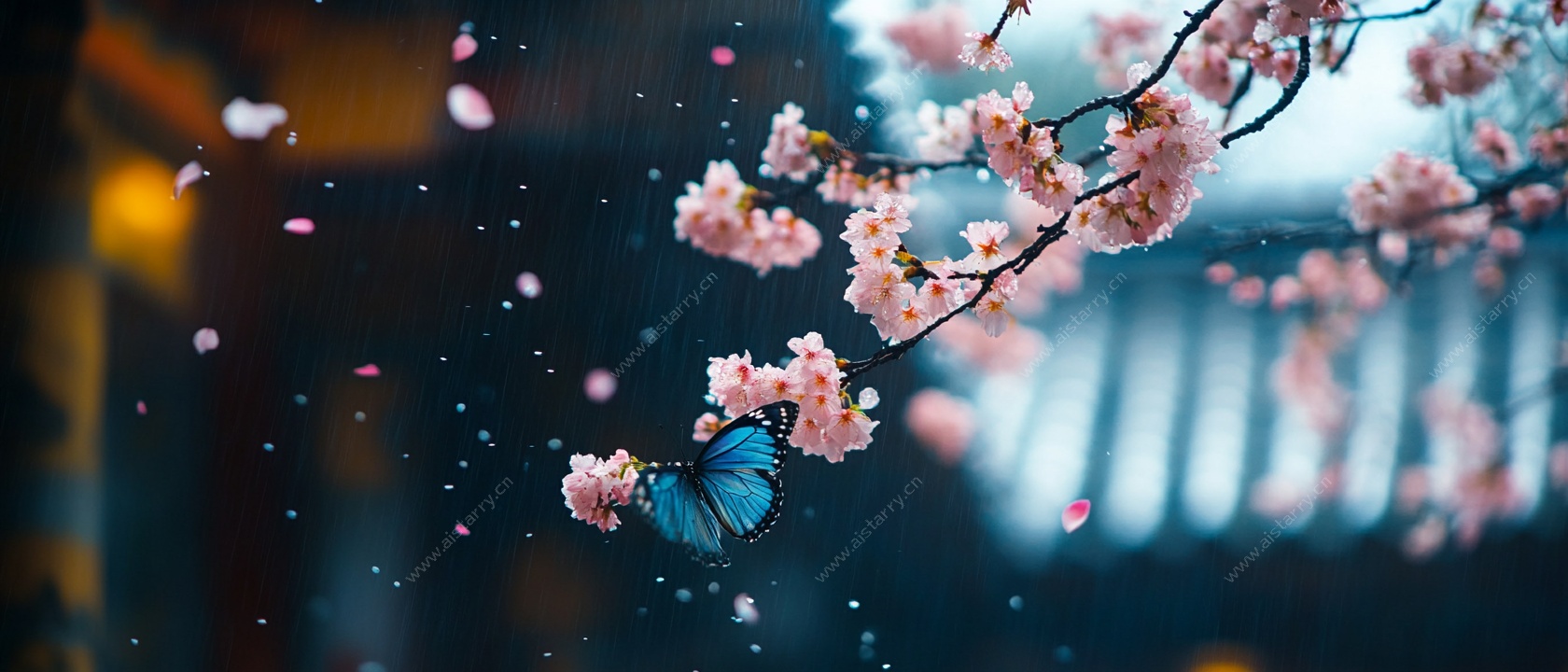 樱花纷飞间的蓝蝶之舞