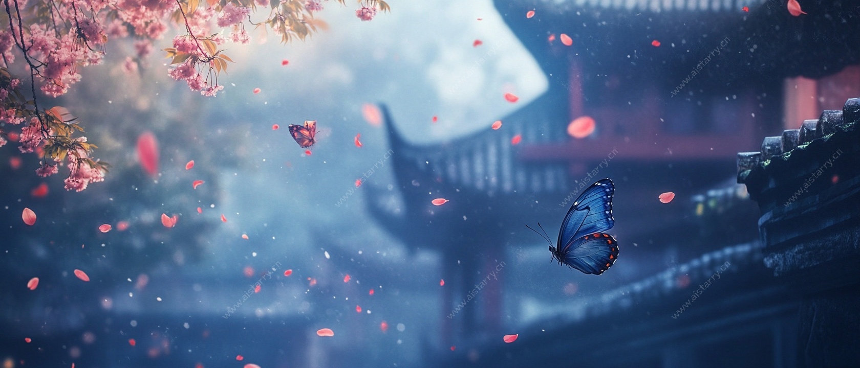 蝶舞古建落花景