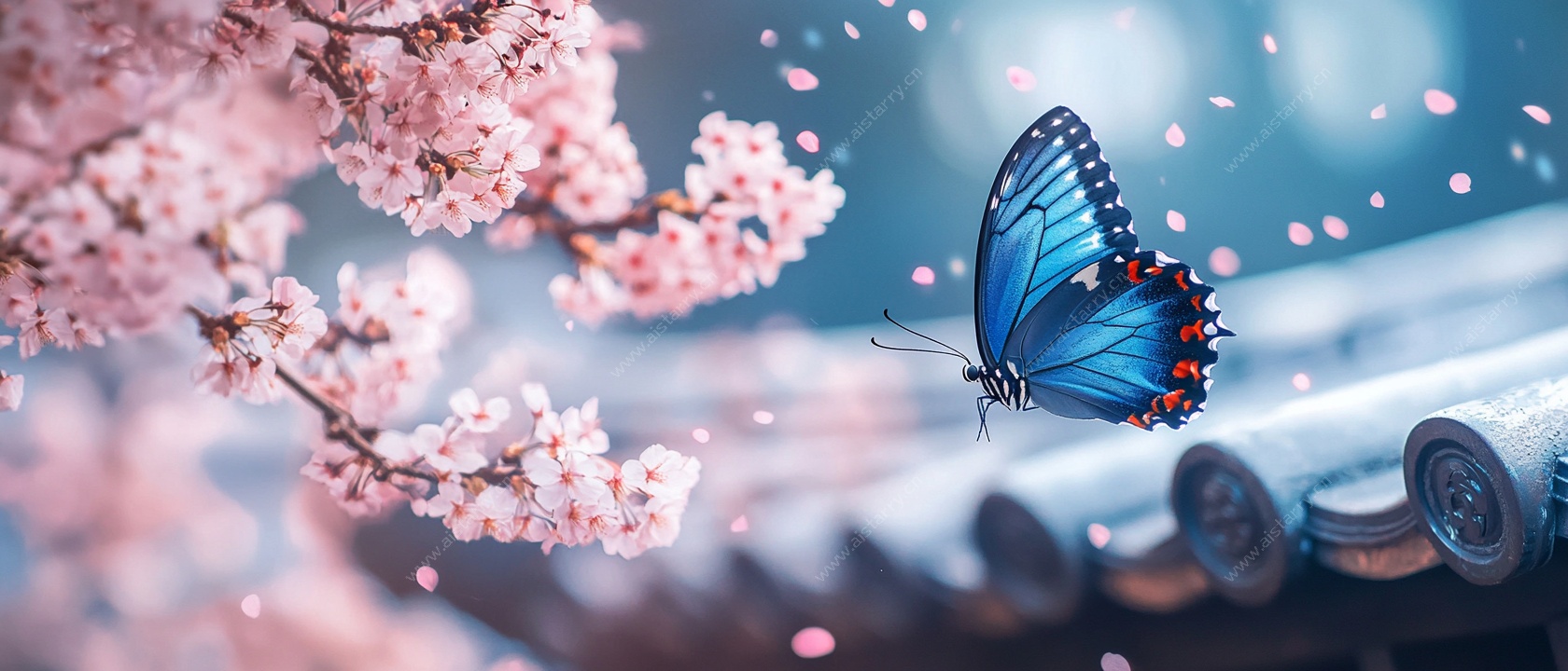 蓝蝶戏樱图