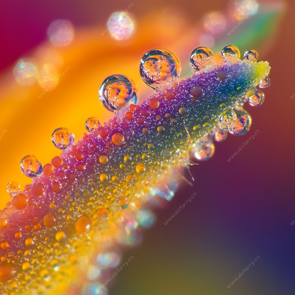 彩色叶片上的晶莹水珠