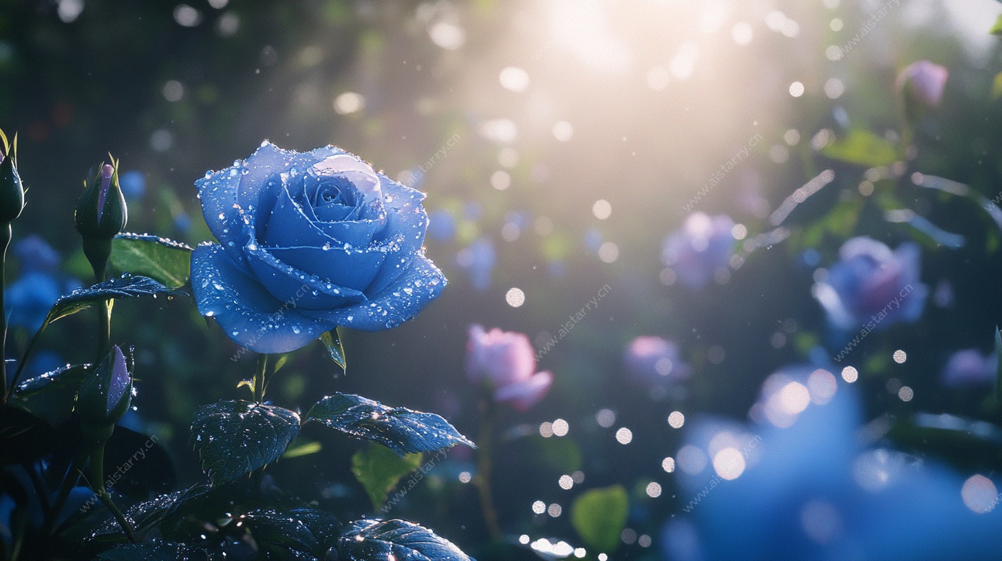 蓝玫瑰带露绽放于晨光