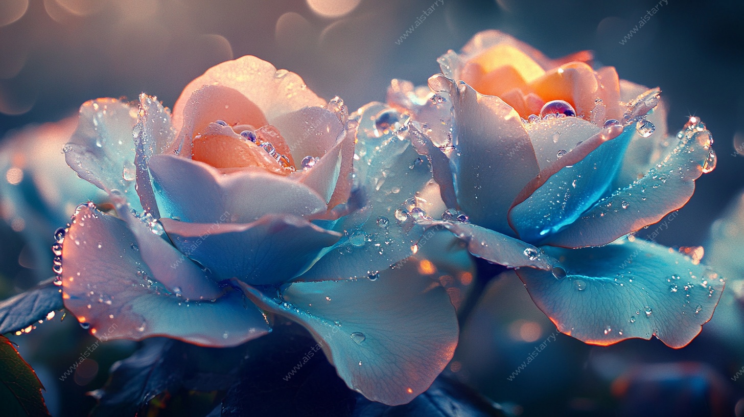 梦幻蓝玫瑰带露绽放