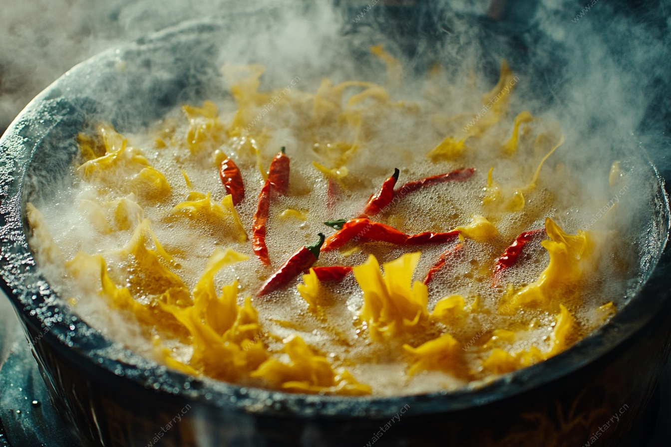热气腾腾的辣椒黄菜汤锅