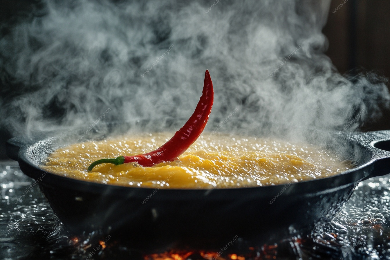 锅中热油配红辣椒