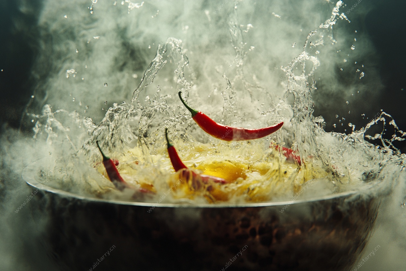 辣椒入锅溅起美味瞬间