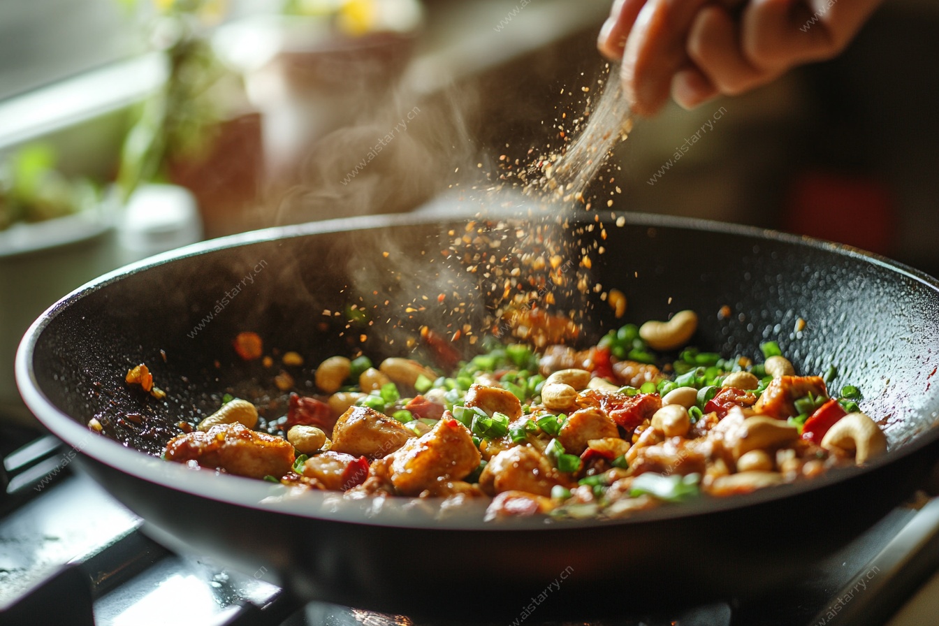 锅中烹饪美食撒料瞬间