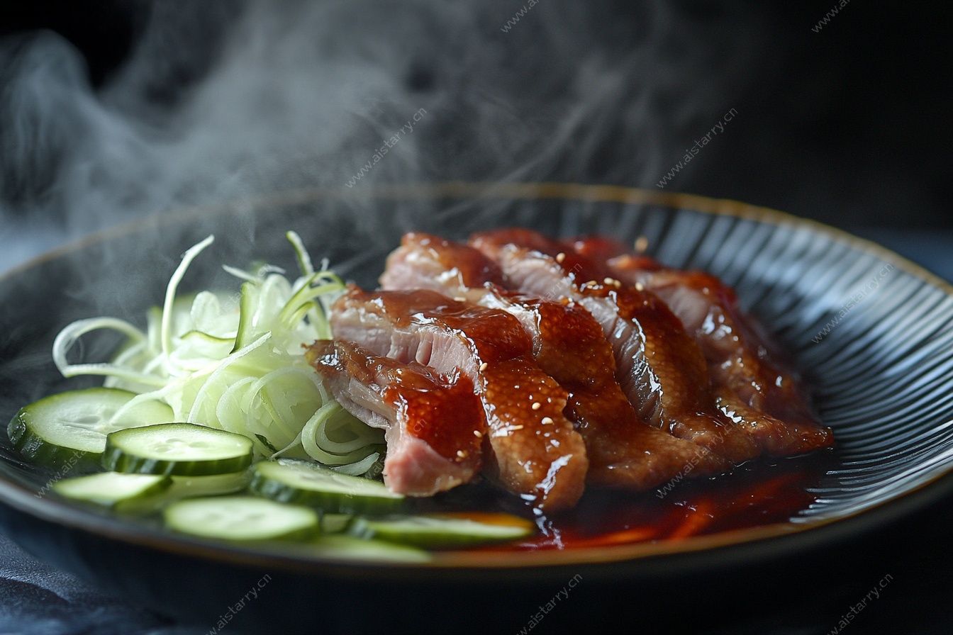 中式烤鸭摆盘特写