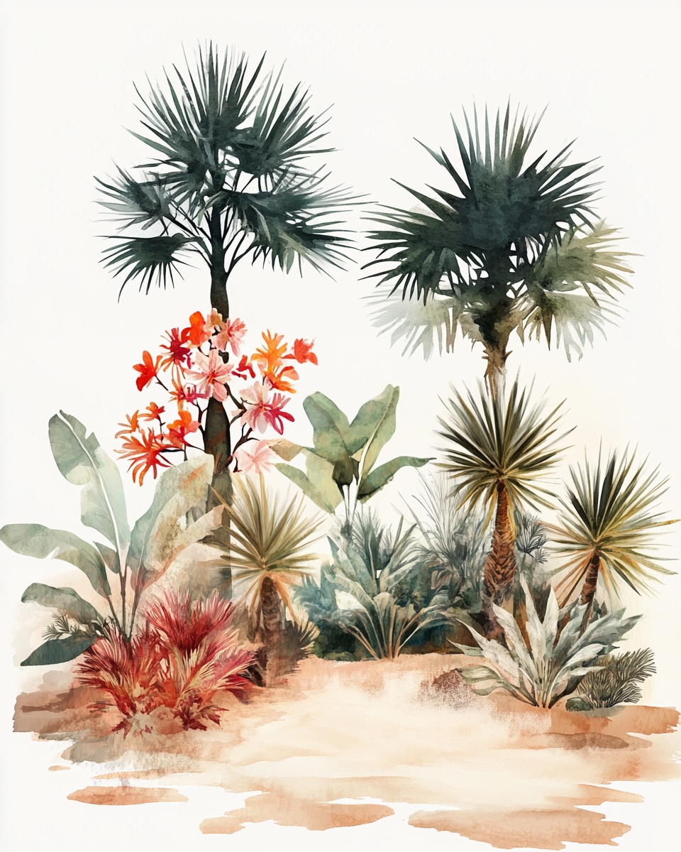 水彩绘热带植物景观