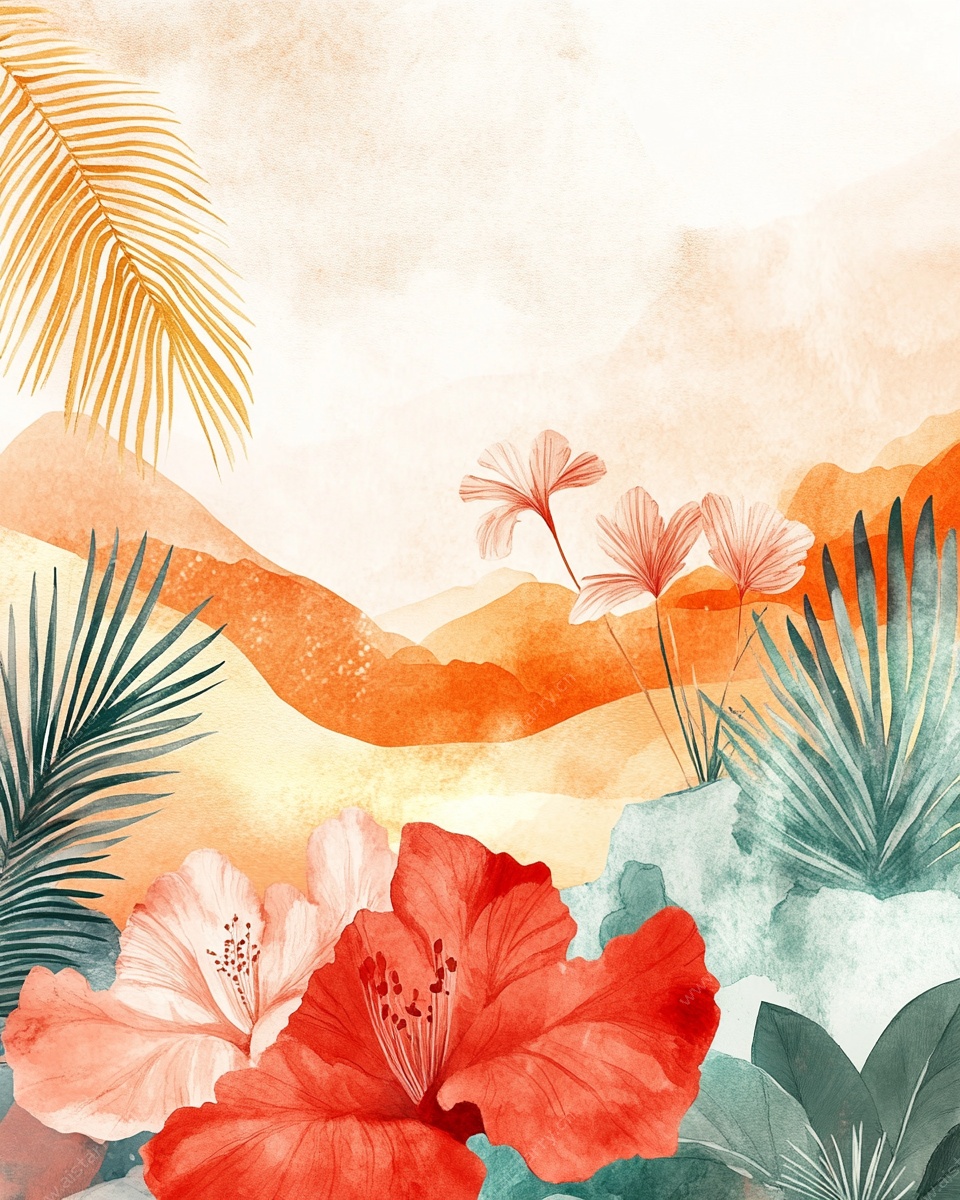 热带花卉水彩风景插画
