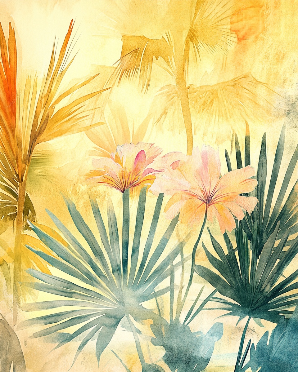 热带花卉水彩画风景